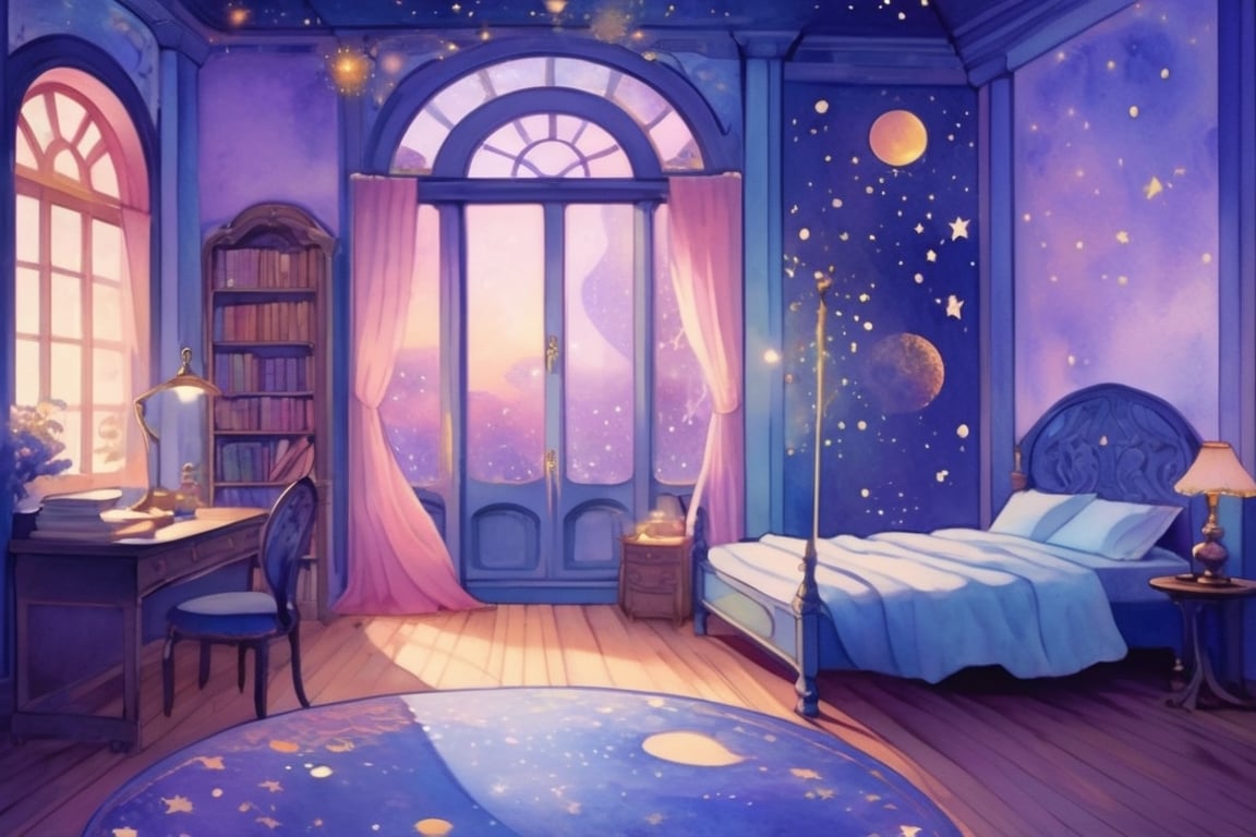 (soft pastel colors:1.1), art_nouveau, art nouveau architecture, art nouveau designs, watercolor \(medium\), cartoon, detailed, Otome game background CG, anime background art, interior, indoors, fantasy setting, illustration, masterpiece, best quality, high contrast, ambient light, no_human,
indigo bedroom, (((bed))), pillow, desk, books, bookshelves, round dark window, curtains, astronomy decor, telescope, globe, stars, wooden floor, lamp_light, nighttime, indigo tone, gold accents,