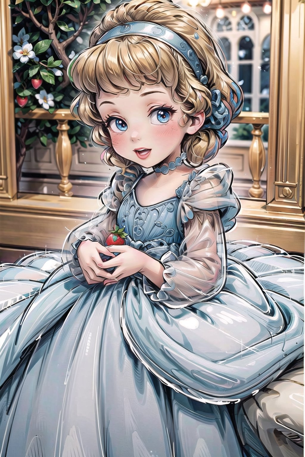 masterpiece, best quality, extremely detailed, HD, 8k, intricate, nice hands, AGE REGRESSION, 1 girl, cuteloli, CHILD, cartoon,CinderellaWaifu,strawberry blonde hair,(rococo,silver dress)