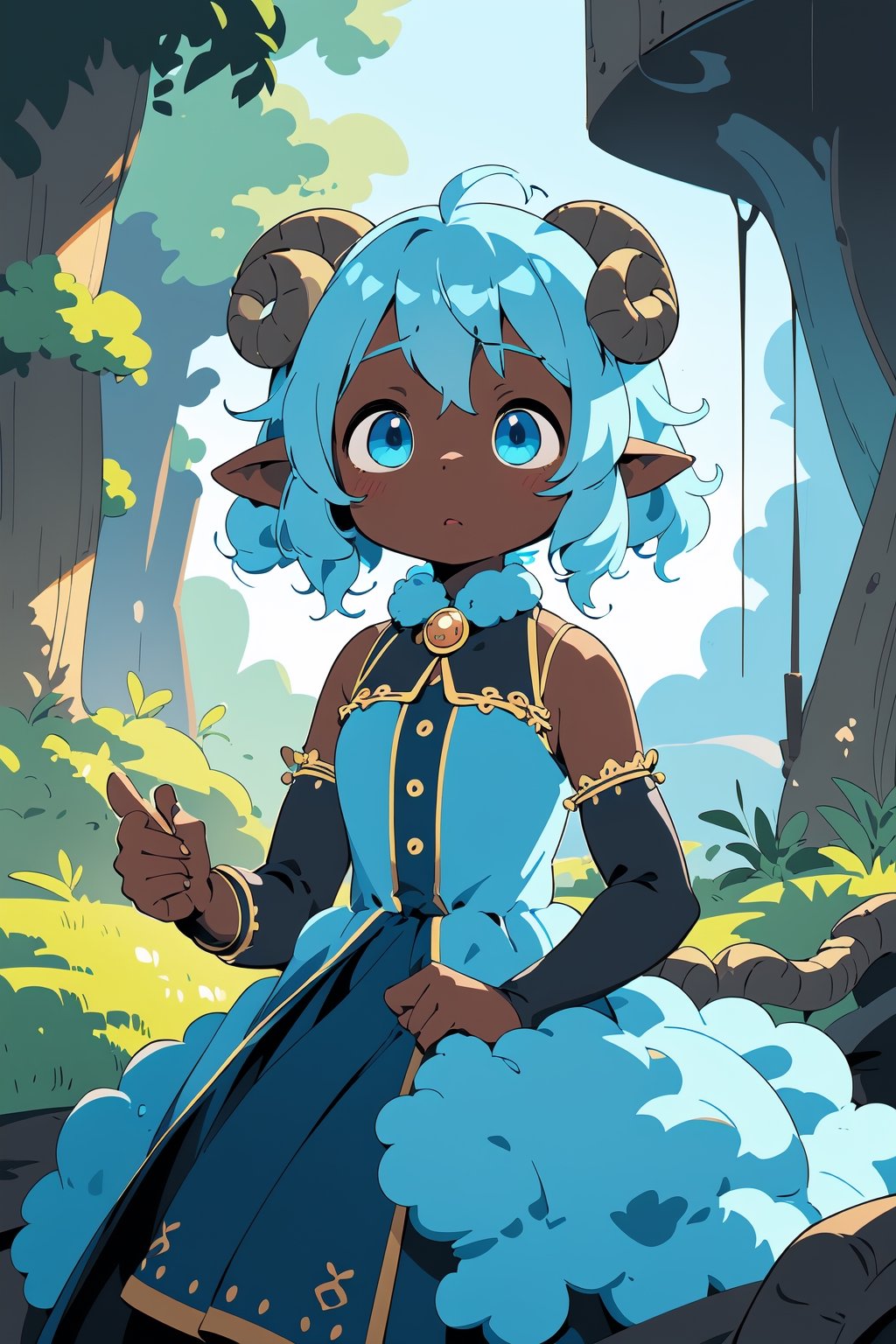 (masterpiece, best quality, highly detailed, ultra-detailed, intricate), anthro, furry, 1girl, cute, sheep girl, short light blue hair, curly_hair, curled_horns, blue eyes, sheep ears, dark skin, fantasy, cowboy_shot, layered_dress, alien scenery,FurryCore,