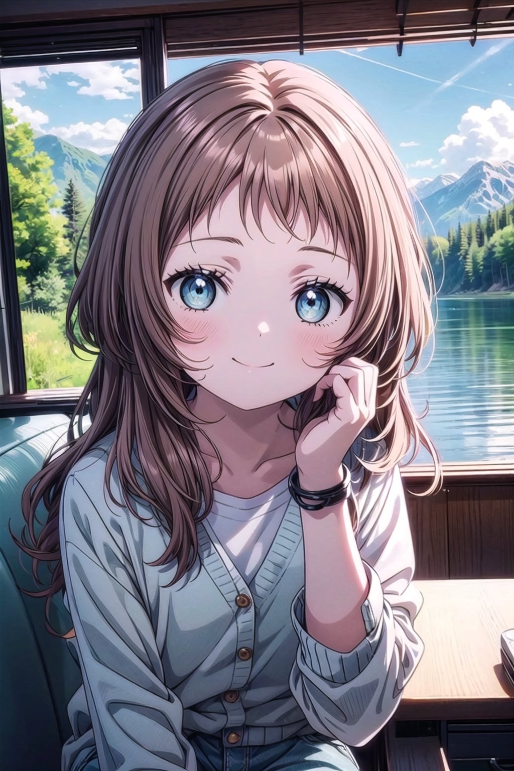 (masterpiece), best quality, portrait, headshot, ((1 girl, solo)), (nice hands, perfect hands), cuteloli, long hair, dull brown hair, short bang, tousled hair, blue gray eyes, slight smile, oversized cardigan, medical bracelet, jeans, lake, mountains, forest, sunny, summer, daytime, bright, watercolor,