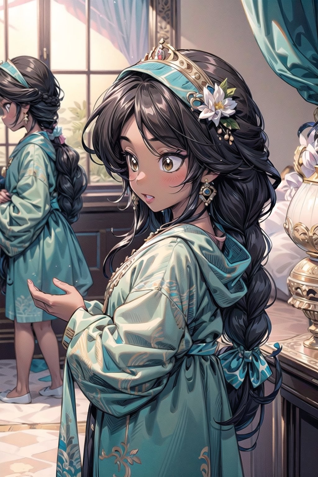 masterpiece, best quality, extremely detailed, HD, 8k, intricate, nice hands, (brown skin), AGE REGRESSION, 1 girl, oversized_clothes, cuteloli, CHILD, OVERSIZED CLOTHES,cartoon,Jasmine, black hair, braid, palace scene