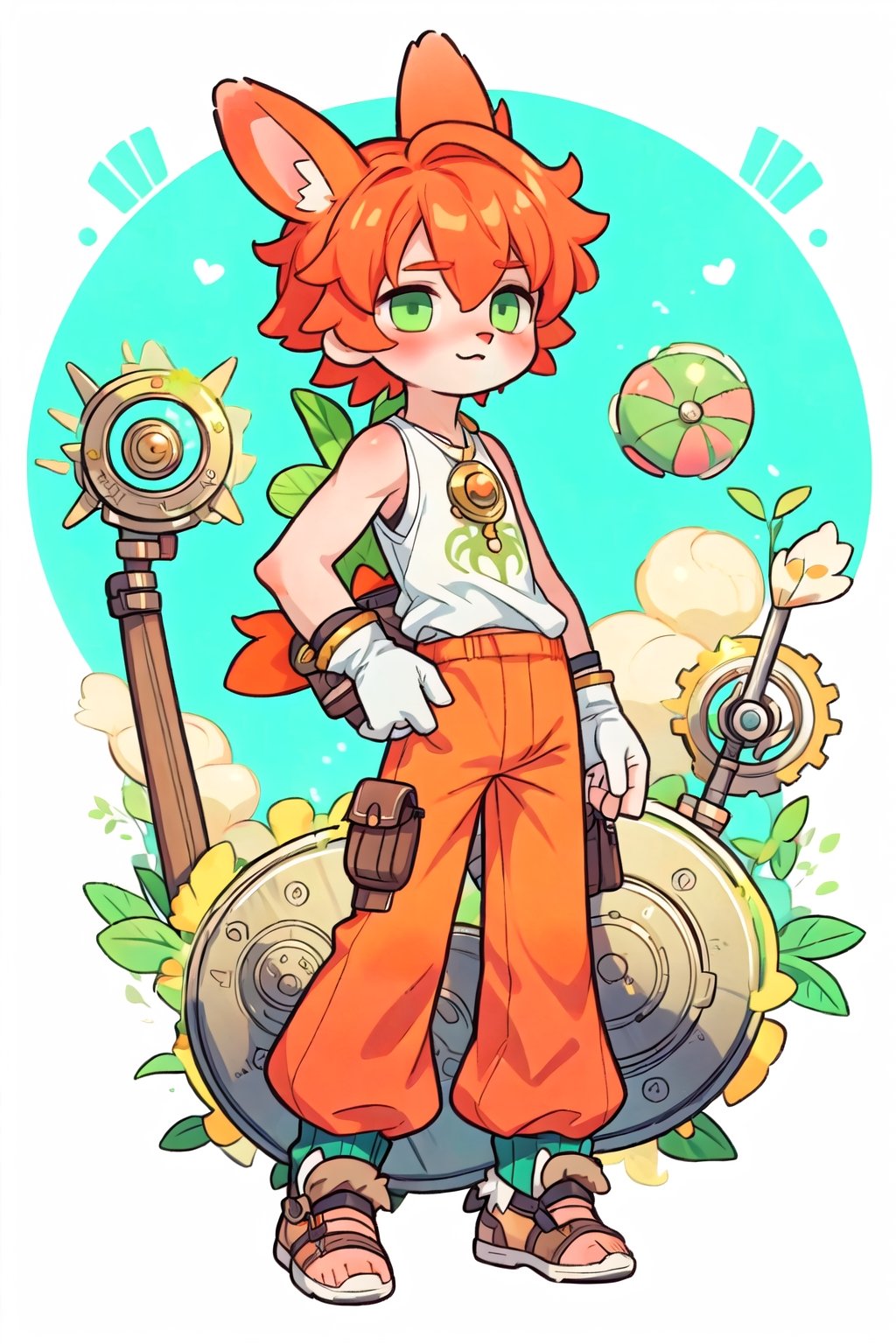 (furry boy:1.4), androgynous, solo, (peach fur), green eyes, (orange hair), short hair, rabbit ears, long ears, rabbit tail, 1910s clothes, tanktop, orange harem pants, sad, shy, soft_boy, cute, (v:1.2), art nouveau, gears