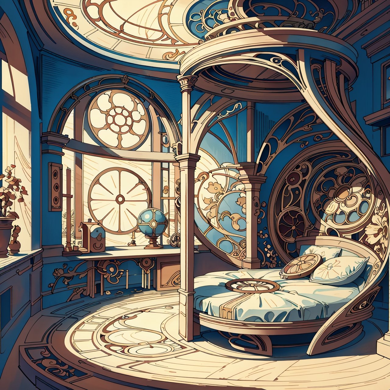 indoors, alcove_bed, alcove, round window, davincitech, art nouveau,