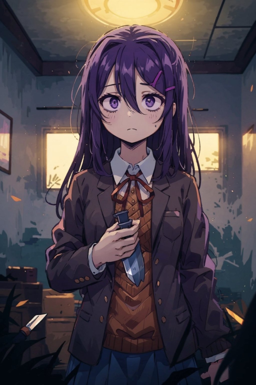 masterpiece, best quality, 1 girl, yuri, purple eyes, purple hair, long hair, hair between eyes, hairclip, school uniform, blazer, brown sweater, collared shirt, neck ribbon, horror, dark, psychedelic, cinematic light, cinematic view, High detailed, Color magic, knives, sanpaku