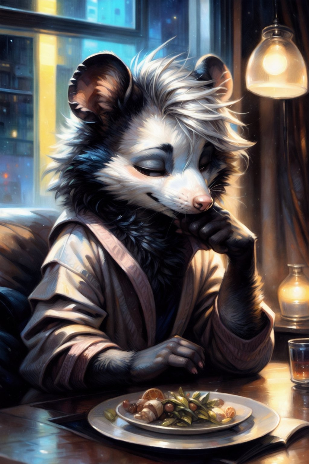 by kenket, by totesfleisch8, (by thebigslick, by silverfox5213:0.8), (by syuro:0.2), (by qupostuv35:1.2), (hi res), ((masterpiece)) , ((best quality)), illustration, furry, opossum, animal ears, body fur, 1boy, 1girl, solo, white hair, short hair, shaggy hair, black eyes, wry smile, half-closed eyes, opossum person sitting in armchair and eating takeout, legs up on table, (((androgynous))), young adult, living room, (((night, RGB lights, warm colors, lofi))), bathrobe, lofi 8bits, furry anthropomorphic opossum, furry opossum nose, ((gray fur, black hands, pink fingers)), FurryCore,sleepy