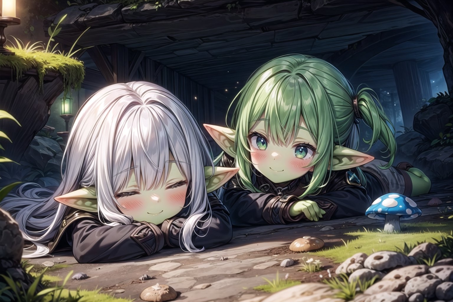 (masterpiece), best quality, fantasy, nature, (inside underground natural cavern), (stone, moss), (dark, night), bioluminescent mushrooms,2girls, (((goblin))) girls, blush, smile, nice hands, sleeping, bed, eyes_closed, no humans,fate/stay background,ShroomPunkAI