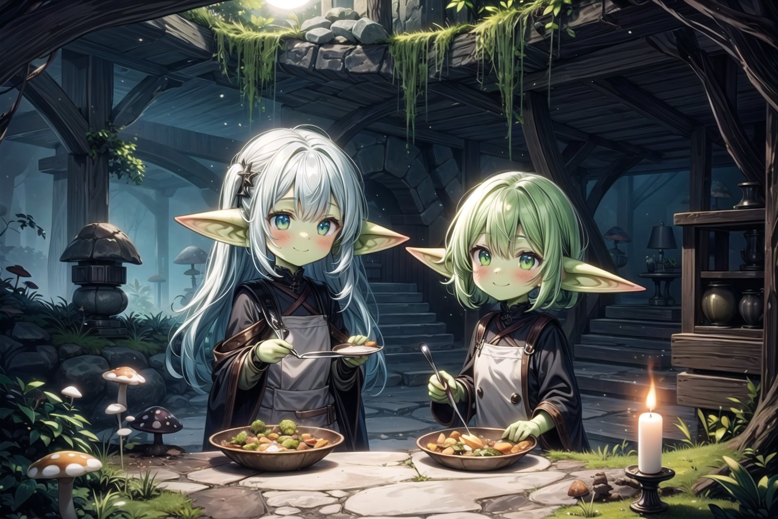 (masterpiece), best quality, fantasy, nature, (inside underground natural cavern), (stone, moss), (dark, night), bioluminescent mushrooms,2girls, (((goblin))) girls, blush, smile, nice hands, cooking, food, no humans,fate/stay background,ShroomPunkAI