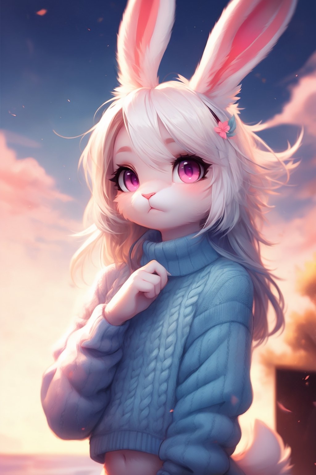 by waspsalad, by qupostuv35, by tsampikos, anthro, furry, pastel colors, 1girl, bunny girl, realistic, rabbit nose, white fur, pink eyes, white hair, sweater, flat_chested, pose, cute, dreamy, full background, perfect hands, scenery, (gradients), focus face,Animal,FurryCore, chibi