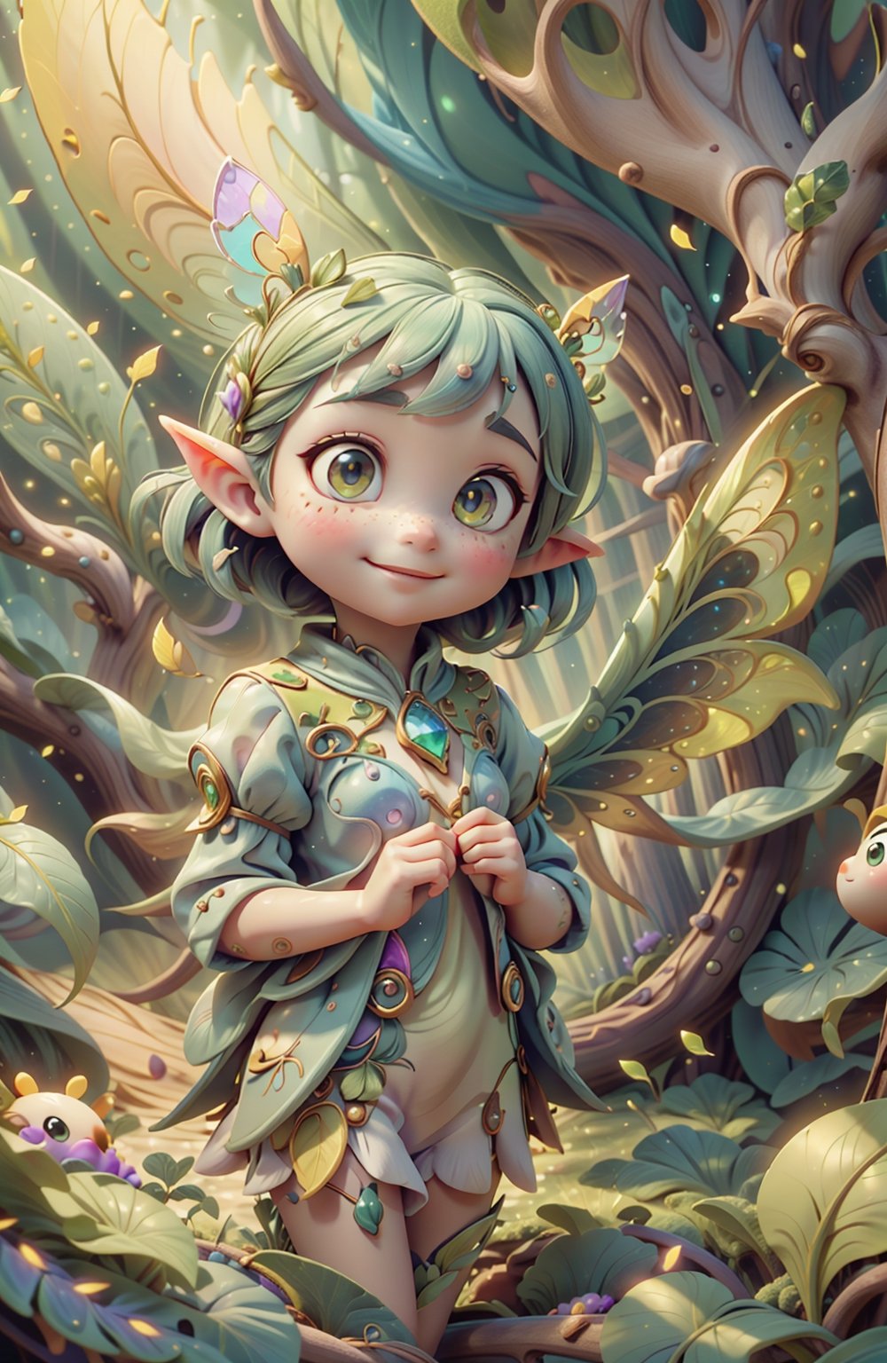 cute, smiling, innocent, transparent iridescent wings, pointy ears, large hazel-green eyes, sparkling_eyes, short messy hair, freckles, forest, dressed in leaves and flower petals, (masterpiece, best quality), 3d cartoon, extremely detailed, dynamic angle, fairy, moth_wings, pixar style, baby face,DonMF41ryW1ng5,DonML34f,organic,