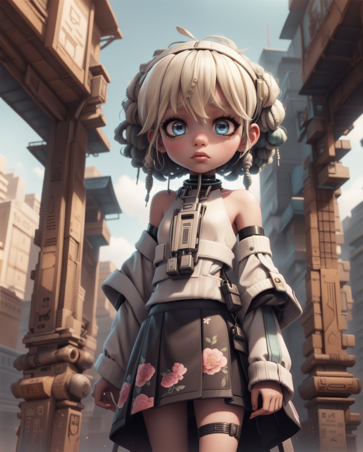 kawaii, scifi, pastel colors, 1girl, (((colored skin, white skin:1.5, pale))), bleach blonde hair, blue eyes, dreadlocks, very curly hair, skirt, bareshoulders, detached_sleeve, young, child, flat_chested, martian city, street, cyber_africa, floral_print