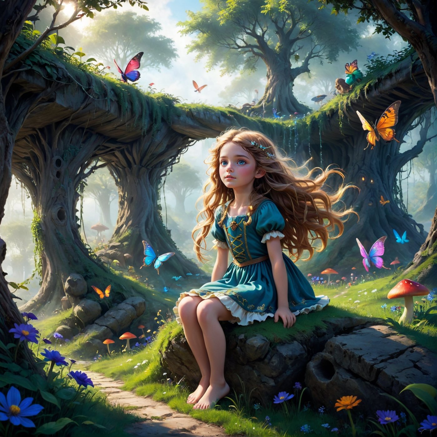 Create an enchanting and whimsical image of a pretty young girl with flowing locks, exploring the magical realm of Neverland. Picture her in a vibrant meadow surrounded by fantastical creatures, lost in this timeless and dreamlike world. Capture the essence of innocence, fear, and the endless obstacles that unfold in the encasing landscapes of Neverland. | stunning detail, creative, cinematic, amazing composition, elegant, sad, fascinating, highly detailed, intricate, dynamic, beautiful, positive light, cute, engaging, new, enhanced,EpicLand,oil paint,6000, ruins