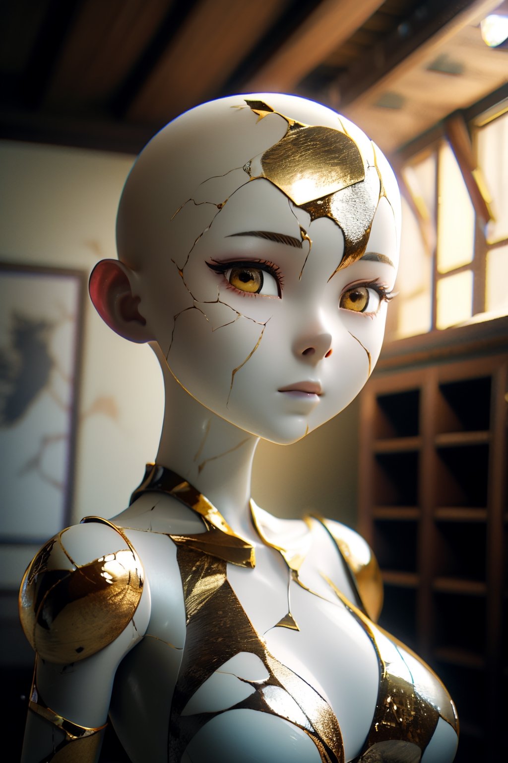 (high quality, highres, masterpiece:1.2), illustration, solo, 1girl, pretty face, big eyes with elegant eyelashes, made of porcelain, fantasy, ((white skin, kintsugi, cracked skin)), ((gold eyes)), ((bald, no_hair)), naked, nude, chinatsumura, 3D, chibi, figma, (light blush, painted lips), painted eyebrows, sad expression,fantchar, torso, pottery workshop scene