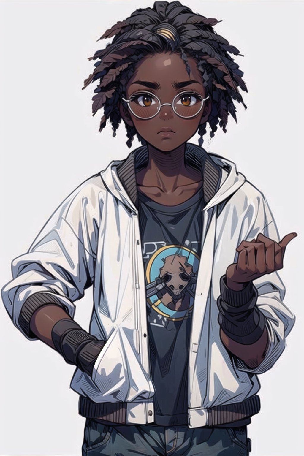 (masterpiece), (outline), best quality, nice hands, 1girl, solo, dark skin, brown eyes, glasses, white background, apocalypse, torn clothes, dirty clothes, Dark Fantasy,post-apocalypic_fashion