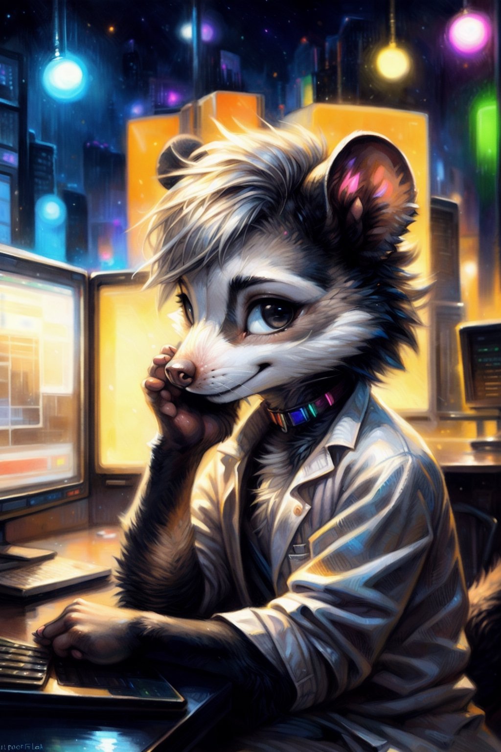 by kenket, by totesfleisch8, (by thebigslick, by silverfox5213:0.8), (by syuro:0.2), (by qupostuv35:1.2), (hi res), ((masterpiece)) , ((best quality)), illustration, furry, opossum, animal ears, body fur, 1boy, 1girl, solo, white hair, short hair, shaggy hair, black eyes, looking at viewer, smile, opossum person, (((androgynous))), young adult, room and city, (((night, RGB lights, warm colors, lofi))), ((room with computers)), screen lights, choker, lab coat, chill pose, femboy clothes, lofi 8bits, furry anthropomorphic opossum, furry opossum nose, ((gray fur, black hands, pink fingers)), FurryCore,FurryCore