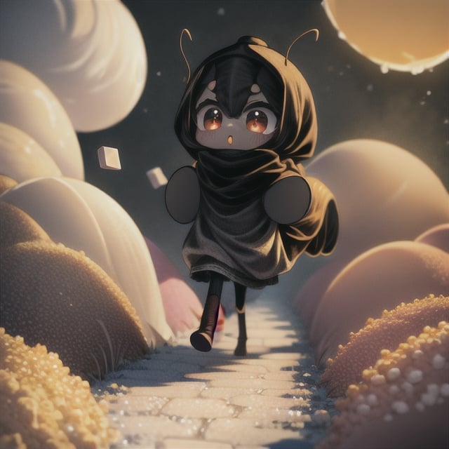 xyzabcheadscarf, hijab, masterpiece, best quality, extremely detailed, HD, 8k, intricate, (ant girl) carrying giant sugar cube while running, child, cute, big eyes, ((colored skin, dark gray skin)), forehead, no_hair, no_humans, antennae, (ant legs),candyland