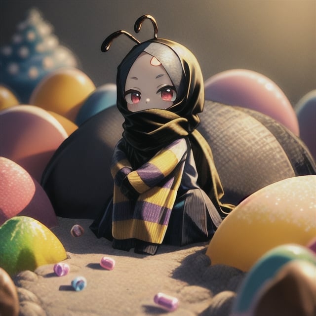 xyzabcheadscarf, hijab, masterpiece, best quality, extremely detailed, HD, 8k, intricate, (ant girl) surrounded by giant candy, child, cute, big eyes, ((colored skin, dark gray skin)), forehead, no_hair, no_humans, antennae, (ant legs), shalwar,candyland