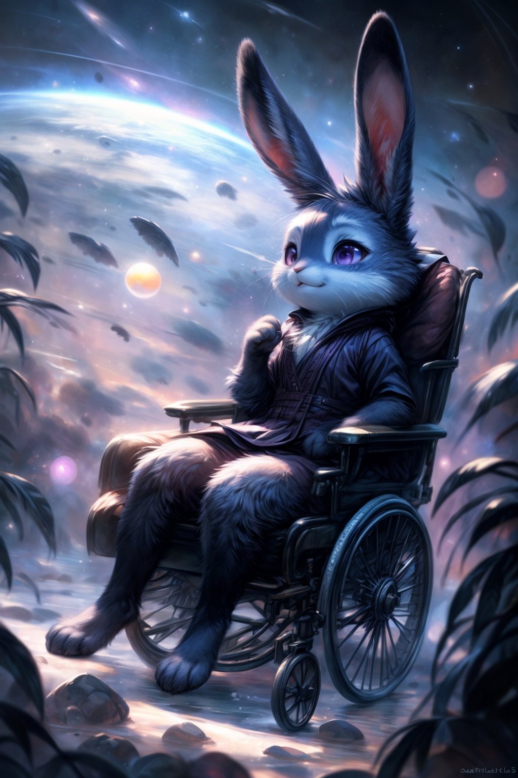by kenket, by totesfleisch8, (by thebigslick, by silverfox5213:0.8), (by syuro:0.2), (by qupostuv35:1.2), (hi res), ((masterpiece)), ((best quality)), illustration,anthro,furry,kemono,bunny,rabbit,animal ears, body fur,1girl,planet earth in the sky,indigo hair,long hair,violet eyes,1910s dress,wheelchair,moonflowers,exposure blend, medium shot, bokeh, furry rabbit nose, (hdr:1.4), high contrast, (cinematic, indigo and violet:0.85), (muted colors, dim colors, soothing tones:1.3), low saturation, (hyperdetailed:1.2), (noir:0.4),FurryCore