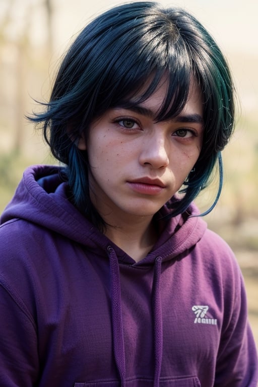 Realistic, (Handsome Man),russian-uzbek mixed, (((green eyes))), harajuku wolf cut hairstyle, long hair, ((bangs, hair between eyes)), (((blue hair:0.7, purple hair:0.3, gradient hair))), greasy hair, oily hair, thick eyebrows, bushy eyebrows, black eyebrows, ((red hoodie)), dirty clothes