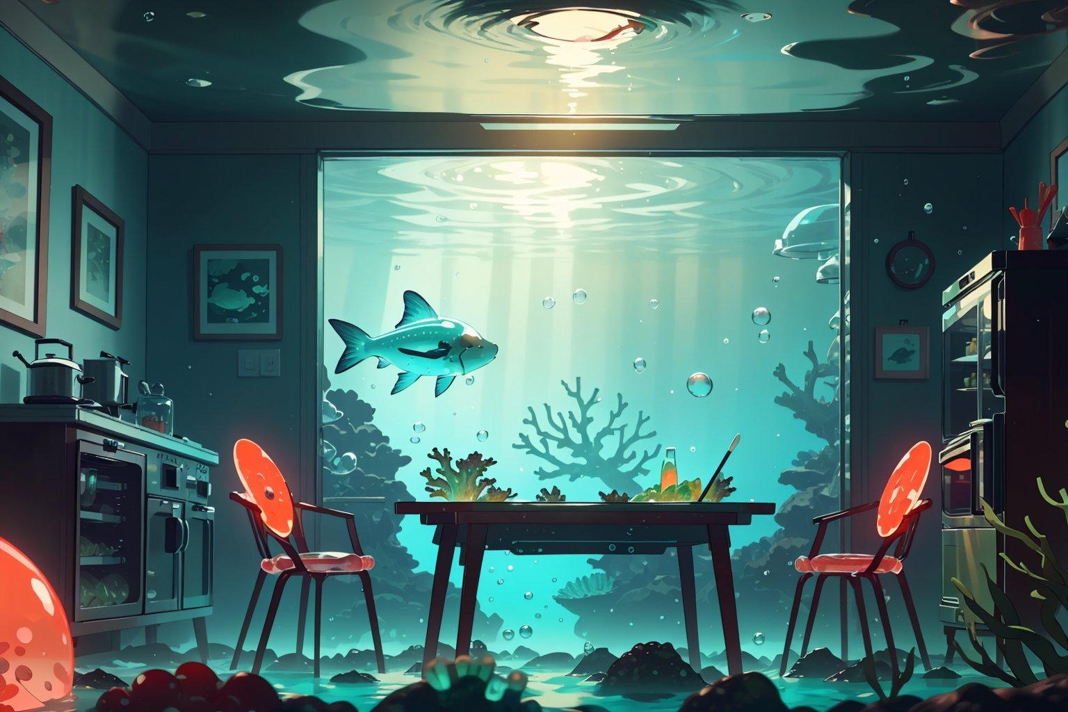 masterpiece, best quality, highres, indoors, (underwater ambiance:1.1), room, kitchen, table, fridge, air bubbles, seaweed, barnacles, coral, scifi, aquatic, bioluminescent, gelatintech, see-through, transparent, giggly,