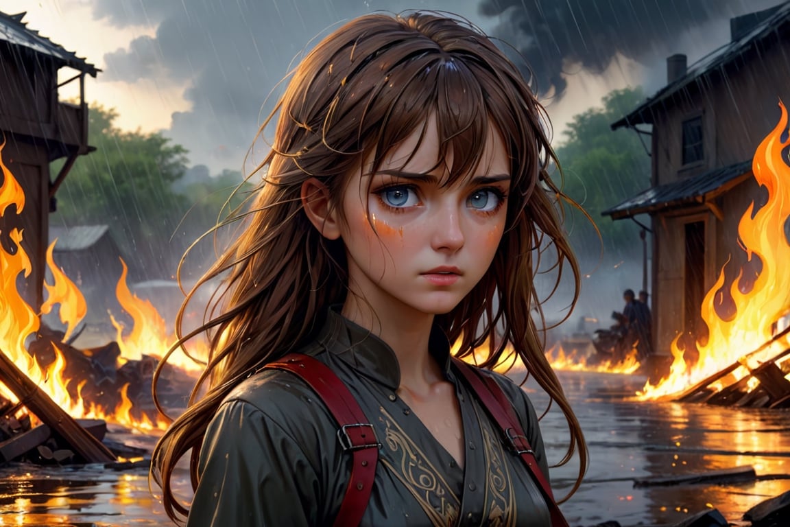 (((masterpiece))),best quality, illustration,(beautiful detailed girl),beautiful detailed glow,((flames of war)), rain,detailed lighting,detailed water,(beautiful detailed eyes),expressionless,disheveled hair,long bangs,hair between eyes,(dirty worn dress),midriff,big forhead,blank stare,Devasted landscape 