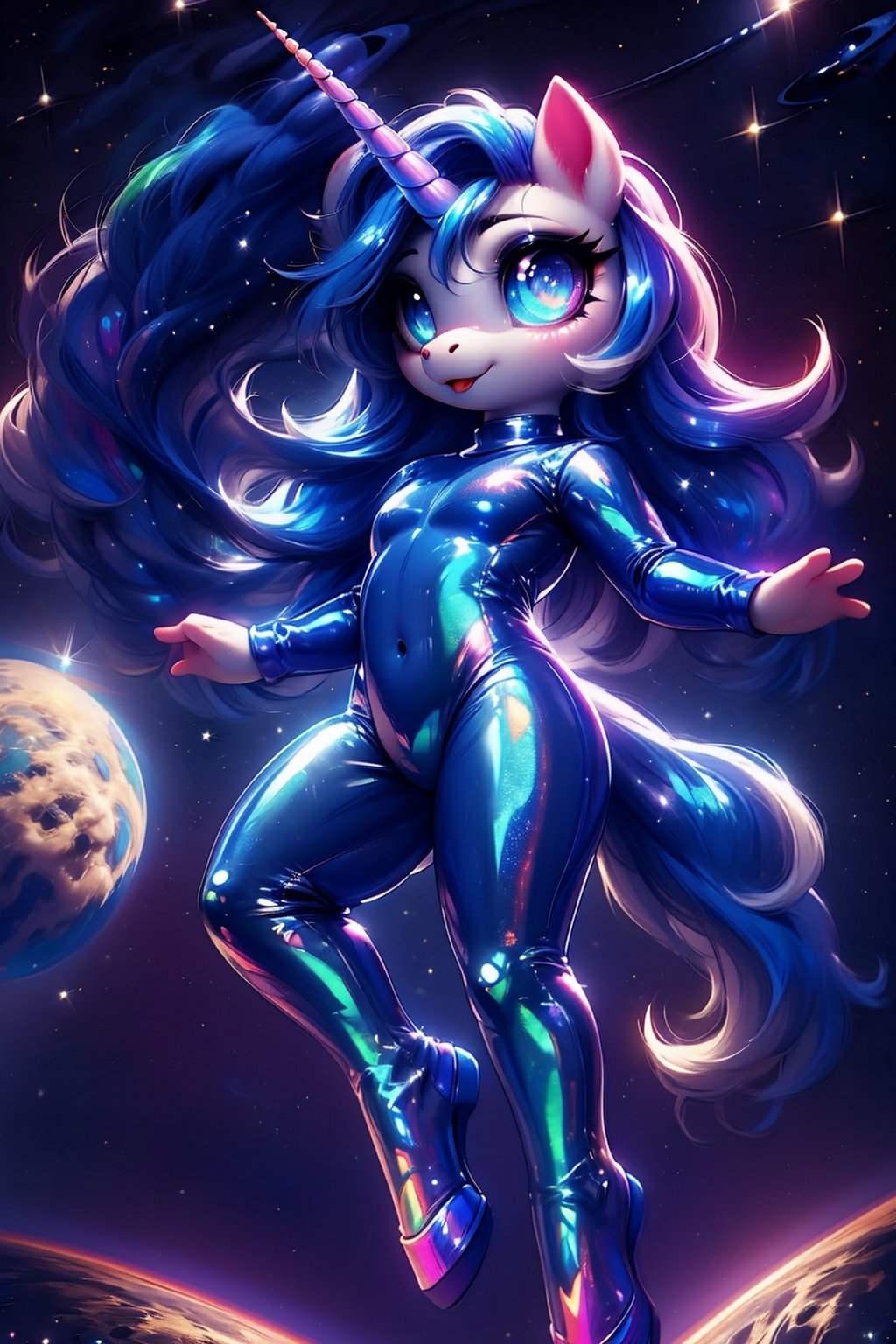 anthro, furry, 1girl, unicorn girl, horse nostrils, pony face, horn, holographic hair, white fur, hooves, tail, space eyes, galaxy eyes, (outer space, black skinsuit, galaxy), floating, flying pose, (shiny), cute, dreamy, colorful, full background, perfect hands, stars, glitter, scenery, (shiny:1.2), various colors, (gradients), focus face,Cosmic Eyes,chibi