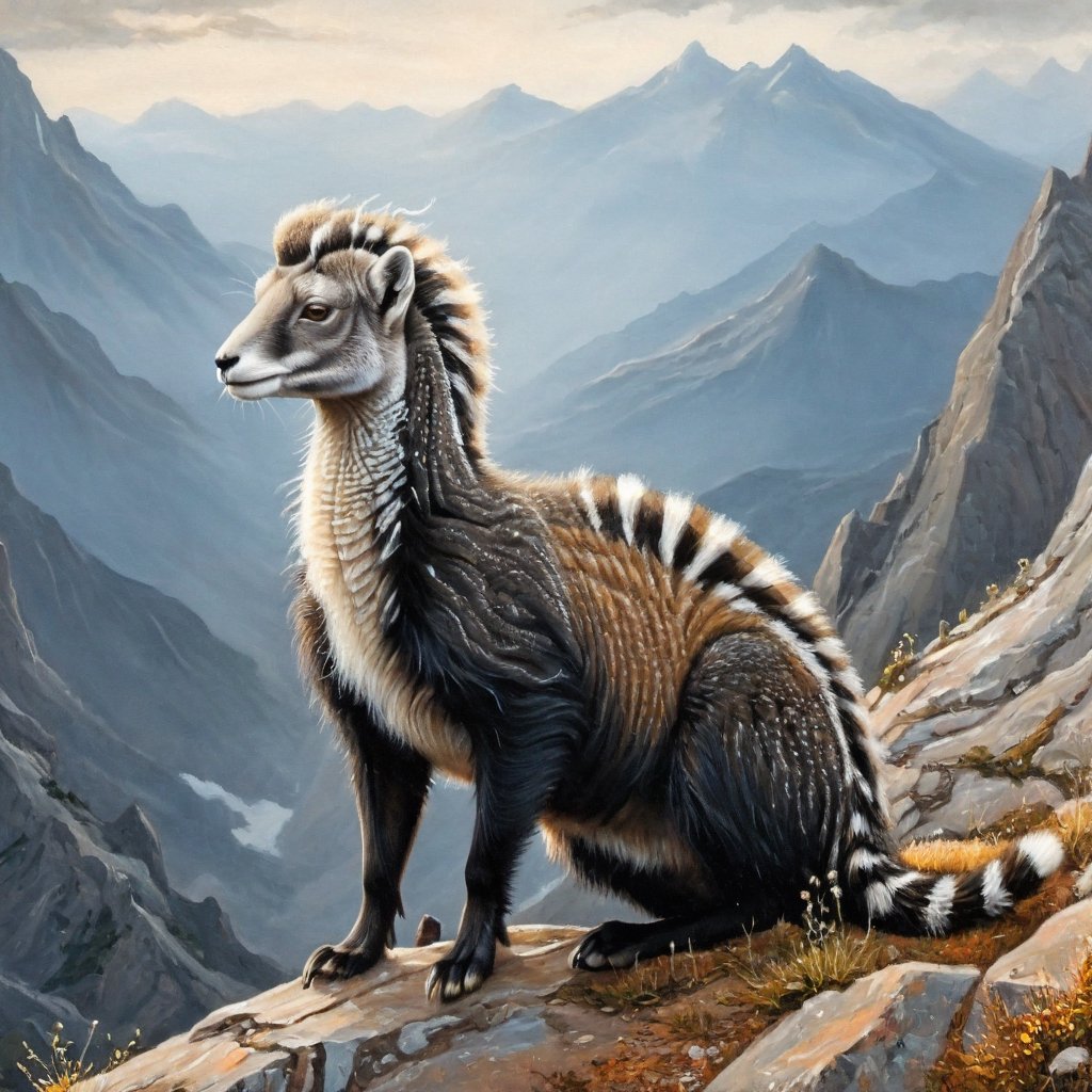 (Magical Fantasy style), (hybrid:1.10) (bighorn sheep:1.0) (mongoose:1.3), (merge:1.1), white spots and stripes, black fur, long tail, horns, long body, mystical mountain setting, masterpiece oil painting, stunning detail, fantasy concept art, highly detailed, intricate, dynamic, potma style,