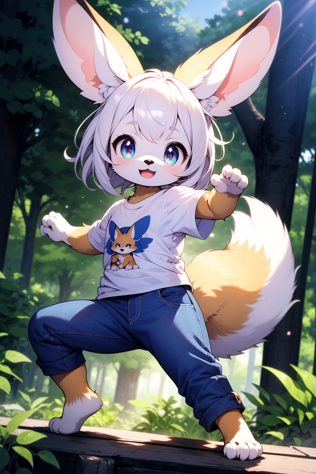 masterpiece, best quality, animal ears, tail, furry, solo, furry female, 1girl, fennec, young, child, cub, tshirt, jeans,dynamic pose,barefoot,