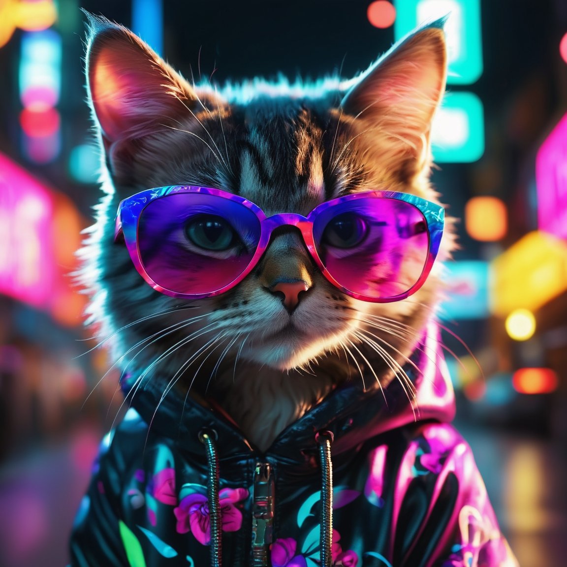 In a whimsical kawaii cafe, Kitten Fluffy, crafted from highly detailed curling, thin glowing multi-colored smoke, dons a rose flower hoodie and fancy funny stylish giant shiny sunglasses. Against a backdrop of vibrant neon typography spelling VIKUSIA, FAINOHO DNIA, capture its enchantment in a digital art masterpiece. Incorporate volumetric 3D rendering, Octane render, and vibrant graffiti elements to create a fantasy illustration that showcases its fashion-forward style. Make it pop with a poster-worthy 3D render that embraces the essence of this captivating character ((stunningly tantalizing view)). 3D, highly detailed, sharp focus, 8K, ultra quality, UHD, crystal clear, bokeh. Black magic Pocket Cinema Camera 6K Pro with Sigma 18-35mm f/1.8 DC HSM Art lens Canon EOS 5D Mark IV camera with a Canon EF 24-70mm f/2.8L II USM lens --ar 9:16 --v 5.2 --s 750, architecture, vibrant, wildlife photography, portrait photography, fashion, cinematic, typography, 3d render, poster, photo