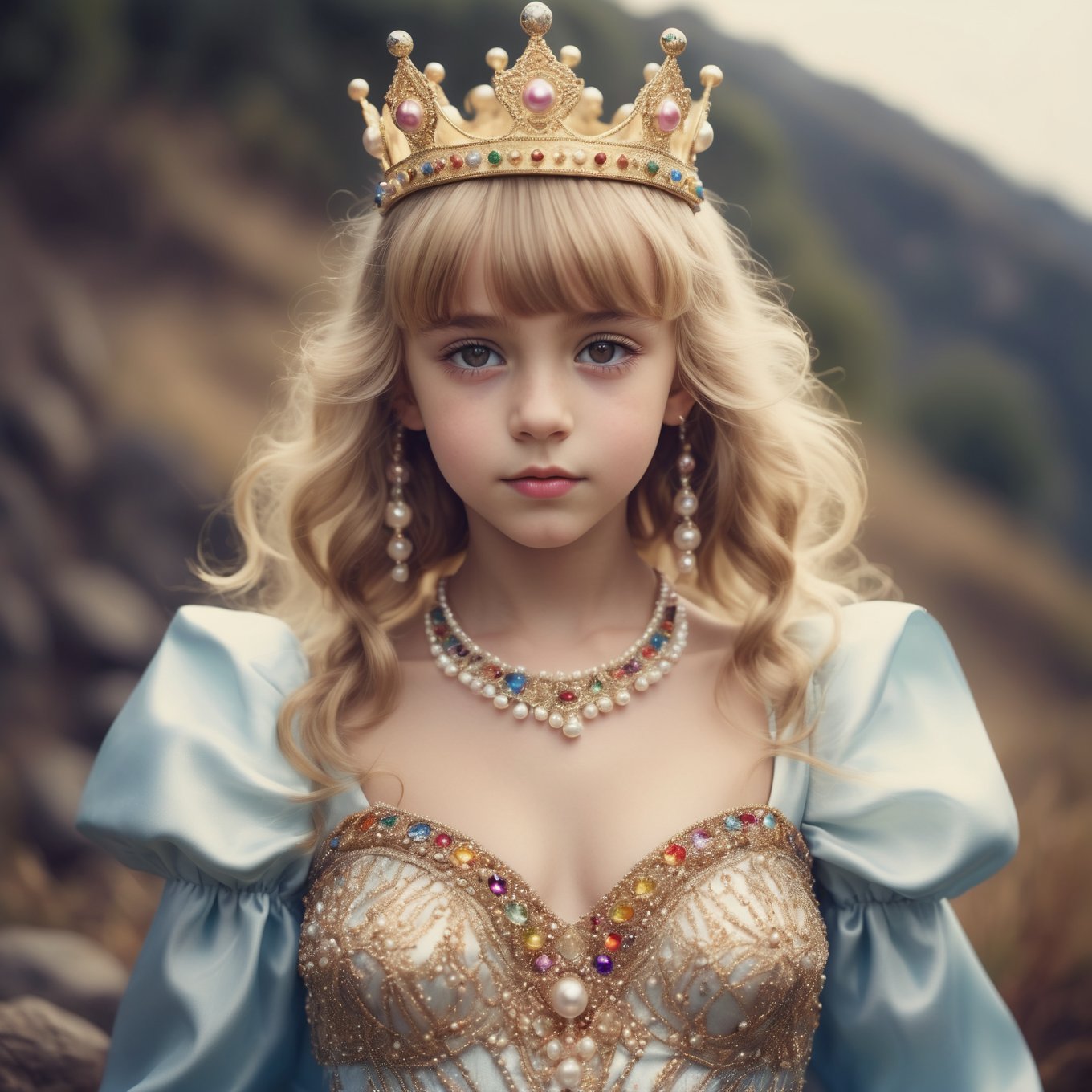 a goddess preteen with beautiful detailed face with big brown happy eyes blond hairs with bangs hairs , full dress made of colourful shining pearls and wearing crown . full view beautiful scenery, showing completely above the waist, in an ultra-realistic style, captured with a Hasselblad H6D-400c Multi-shot, Mitakon Speedmaster 300mm f/5.6 XCD and cinematic CGI.