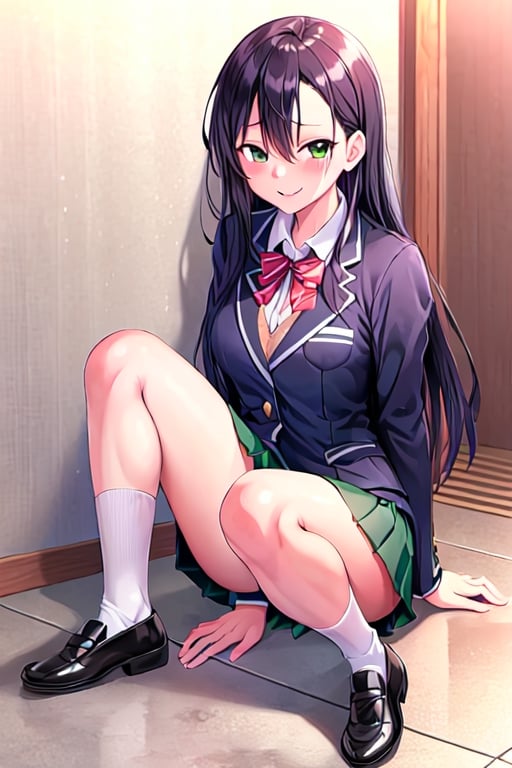 Hayase Nagatoro, high school uniform, emerald green, pleated skirt, white socks, black shoes, polished