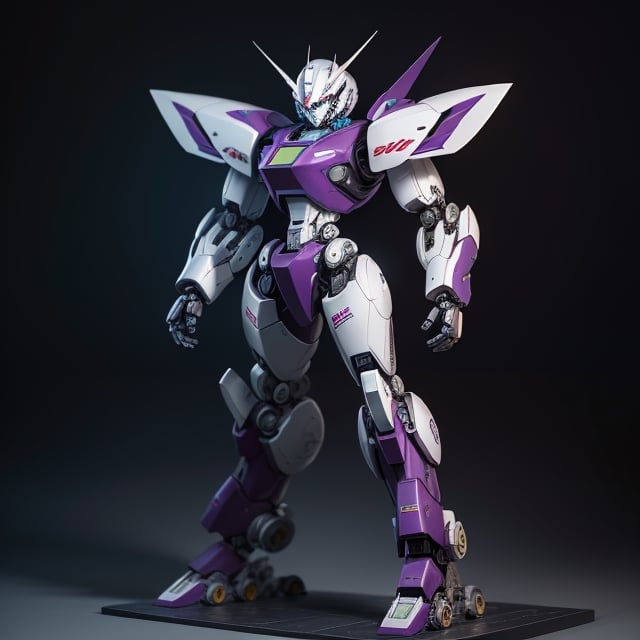 young Girl, racing decals, number and letters racing fonts decals on surface, Full Body shot, (perfect anatomy), (athletic body), (intricate geometric robotic white body armor, Deep Purple and Red accents), (looking at viewer), (medium shot photograph), photorealistic,mecha musume,mecha,Mecha