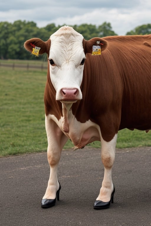 A cow with heel woman shoes, photorealistic, wide shot