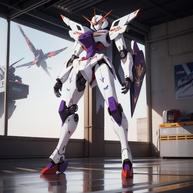 young Girl, racing decals, number and letters racing fonts decals on surface, Full Body shot, (perfect anatomy), (athletic body), (intricate geometric robotic white body armor, Deep Purple and Red accents), (looking at viewer), (medium shot photograph), photorealistic,mecha musume,mecha,Mecha