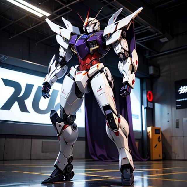  racing decals, number and letters racing fonts, Full Body shot, (perfect anatomy), (athletic body), (intricate geometric robotic white body armor, Deep Purple and Red accents), (looking at viewer), (medium shot photograph), photorealistic,mecha musume,mecha,Mecha