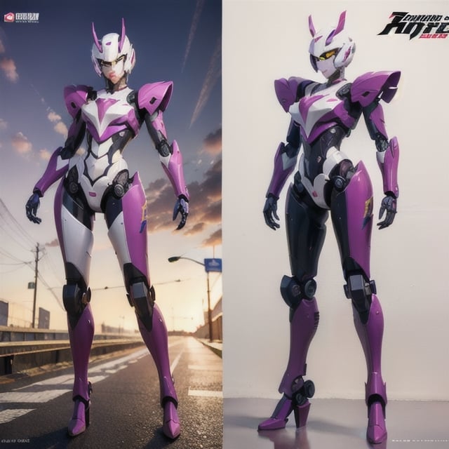 young Girl, racing decals, number and letters racing fonts decals on surface, Full Body shot, (perfect anatomy), (athletic body), (intricate geometric robotic white body armor, Deep Purple and Red accents), (looking at viewer), (medium shot photograph), photorealistic,mecha musume,mecha,Mecha