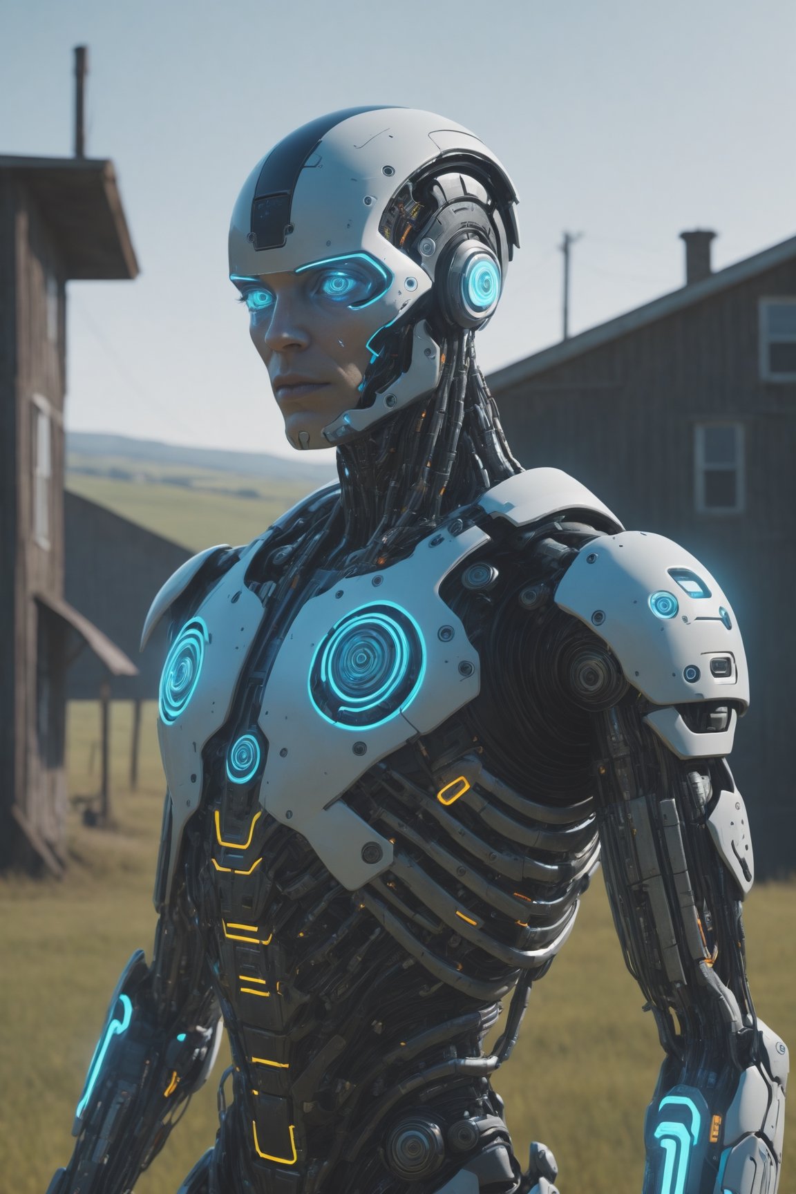 biopunk, neon dystopia, augmented body, close-up, rural scene, day setting, cinematic lighting,cyborg style,cyborg