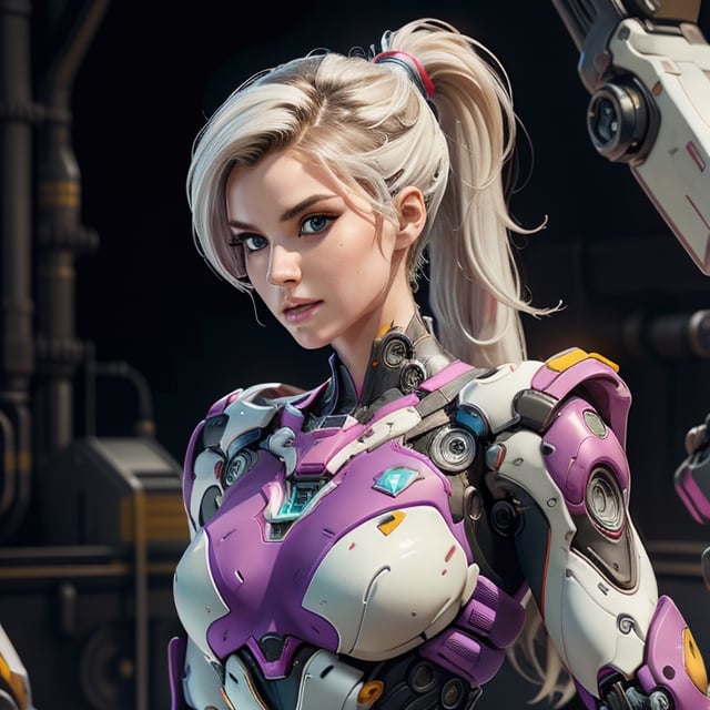 woman in her 20s, (perfect face), defined jawline, beautiful lips, (beautiful blue eyes), (white hair, ponytail), (perfect anatomy), (athletic body), (sexy), (perfect hands), (intricate geometric robotic white body armor, purple and Red accents), (looking at viewer), (medium shot photograph), (futuristic industrial factory background), photorealistic  D.Va suit inspired, Overwatch videogame character, white purple suit,ActionFigureQuiron style,robort