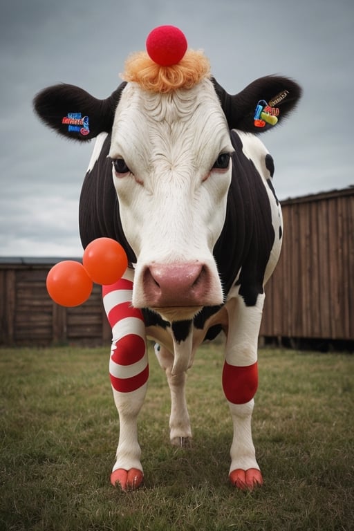 A cow with clown clothes, photorealistic, wide shot