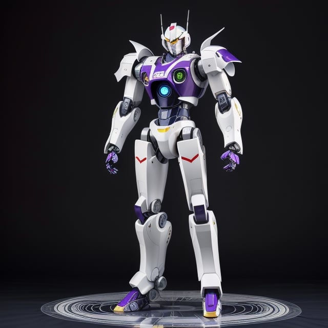 racing decals, number and letters racing fonts decals on surface, Full Body shot, (perfect anatomy), (athletic body), (intricate geometric robotic white body armor, Deep Purple and Red accents), (looking at viewer), (medium shot photograph), photorealistic,mecha musume,mecha,Mecha