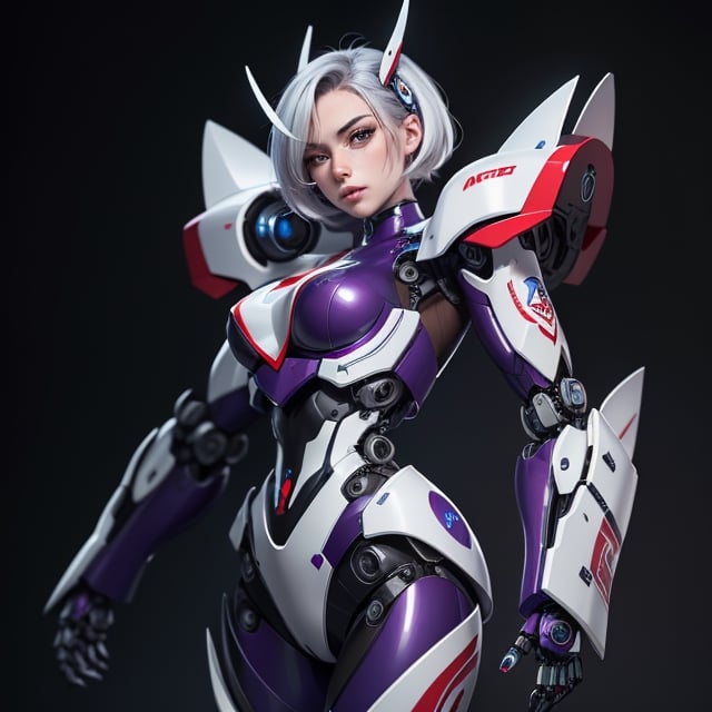 young Girl, racing decals, number and letters racing fonts decals on surface, Full Body shot, (perfect anatomy), (athletic body), (intricate geometric robotic white body armor, Deep Purple and Red accents), (looking at viewer), (medium shot photograph), photorealistic,mecha musume,mecha,Mecha