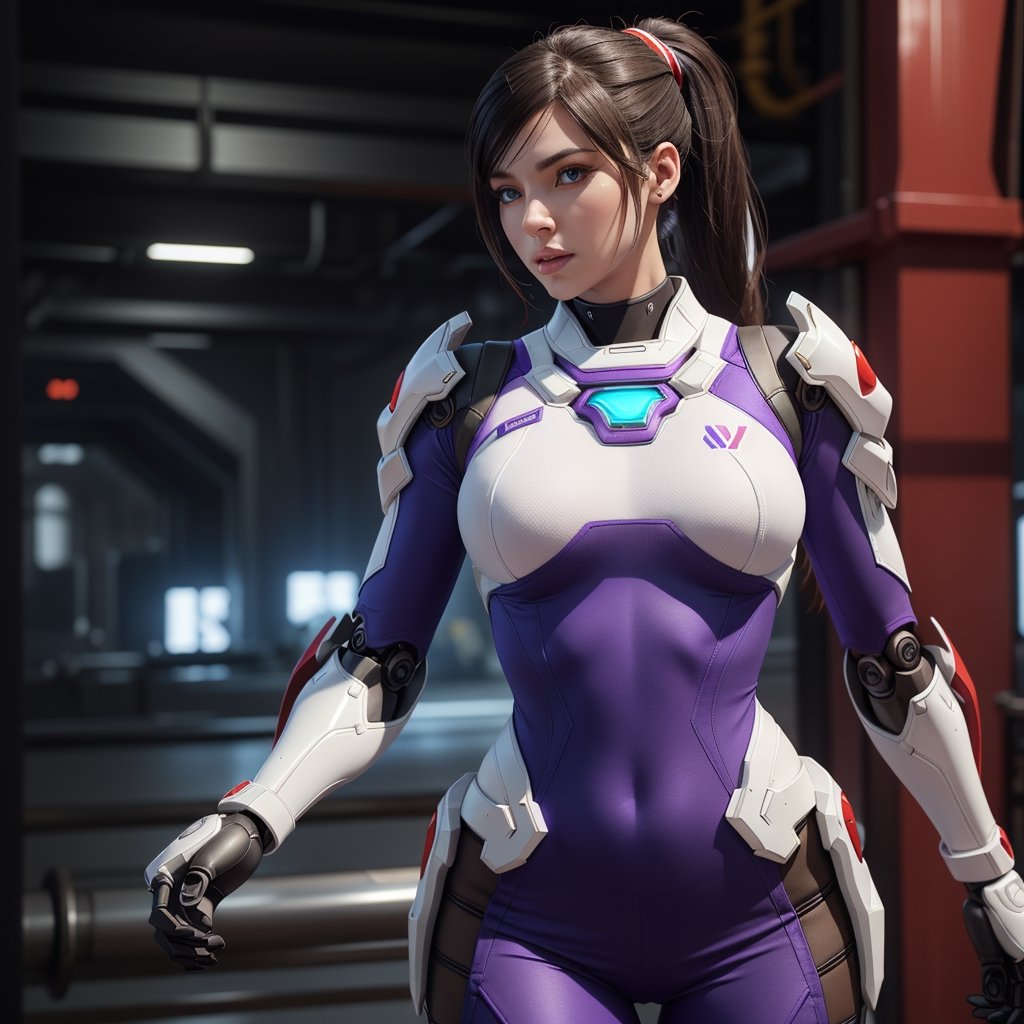 woman in her 20s, (perfect face), defined jawline, beautiful lips, (beautiful blue eyes), (white hair, ponytail), (perfect anatomy), (athletic body), (sexy), (perfect hands), (intricate geometric robotic white body armor, purple and Red accents), (looking at viewer), (medium shot photograph), (futuristic industrial factory background), photorealistic  D.Va suit inspired, Overwatch videogame character, white purple suit,ActionFigureQuiron style