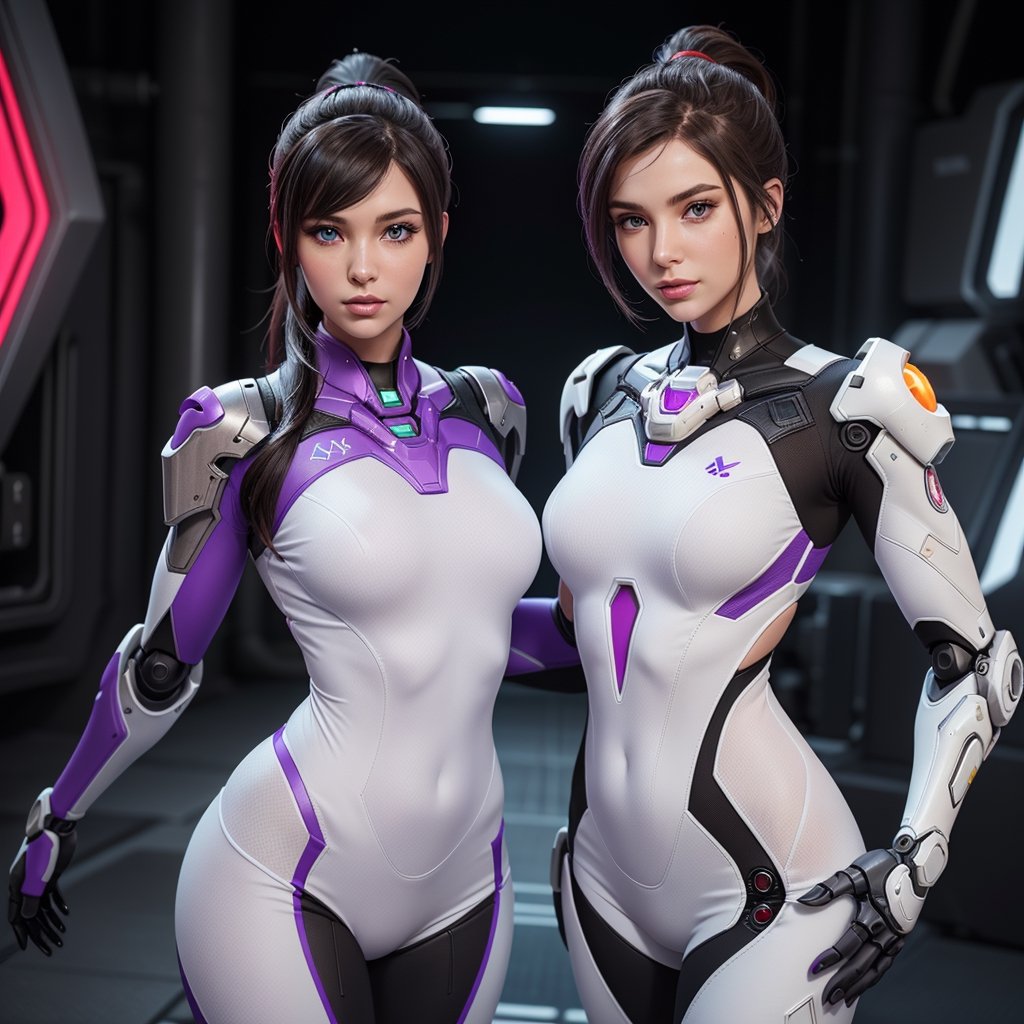 woman in her 20s, (perfect face), defined jawline, beautiful lips, (beautiful blue eyes), (white hair, ponytail), (perfect anatomy), (athletic body), (sexy), (perfect hands), (intricate geometric robotic white body armor, purple and Red accents), (looking at viewer), (medium shot photograph), (futuristic industrial factory background), photorealistic  D.Va suit inspired, Overwatch videogame character, white purple suit,