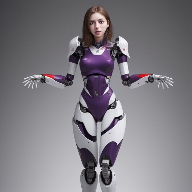 young Girl, racing decals, number and letters racing fonts decals on surface, (perfect face), (sexy), (perfect hands), defined jawline, beautiful lips,Full Body shot, (perfect anatomy), (athletic body), (intricate geometric robotic white body armor, Deep Purple and Red accents), photorealistic, Mecha,