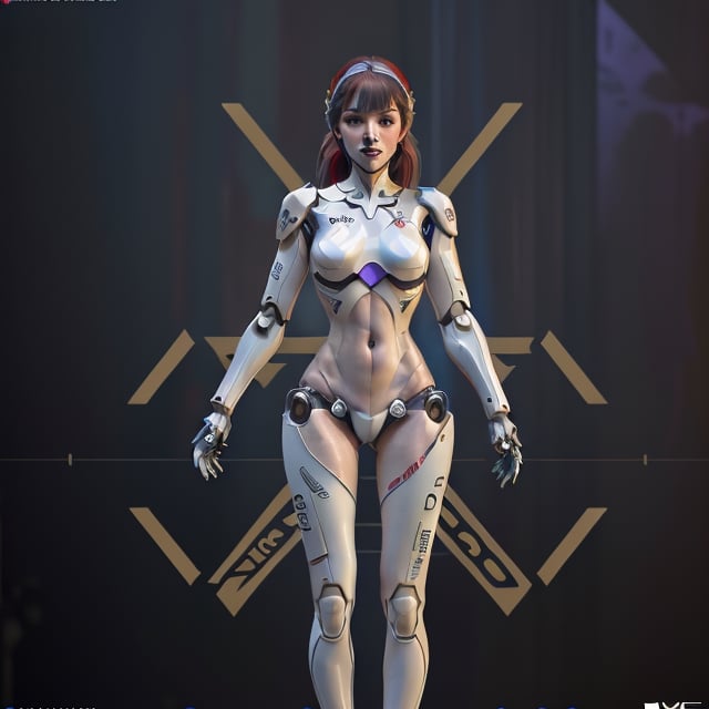 young Girl, racing decals, number and letters racing fonts decals on surface, Full Body shot, (perfect anatomy), (athletic body), (intricate geometric robotic white body armor, Deep Purple and Red accents), (looking at viewer), (medium shot photograph), photorealistic,