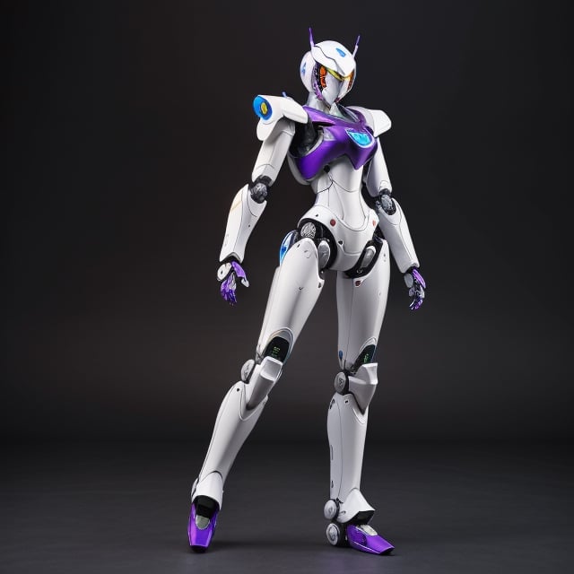 young Girl, racing decals, number and letters racing fonts decals on surface, Full Body shot, (perfect anatomy), (athletic body), (intricate geometric robotic white body armor, Deep Purple and Red accents), (looking at viewer), (medium shot photograph), photorealistic,mecha musume,mecha,Mecha