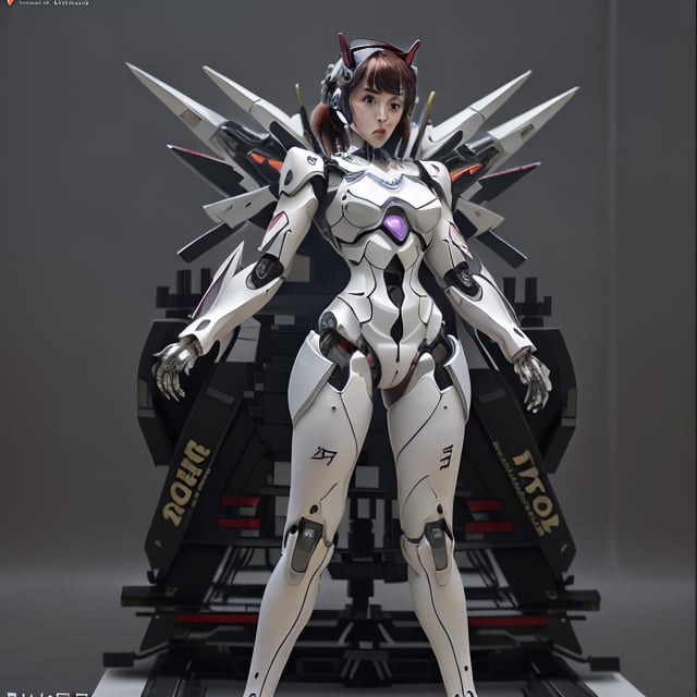 young Girl, racing decals, number and letters racing fonts decals on surface, Full Body shot, (perfect anatomy), (athletic body), (intricate geometric robotic white body armor, Deep Purple and Red accents), (looking at viewer), (medium shot photograph), photorealistic,mecha musume,mecha,Mecha,red and black