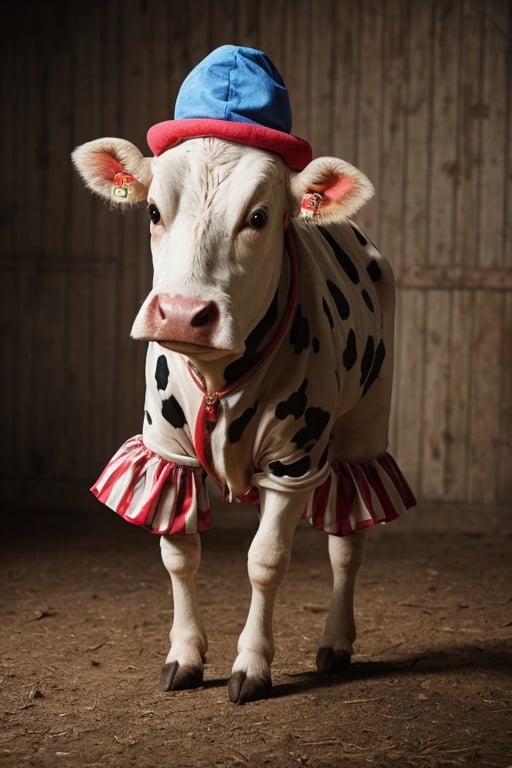 A cow with clown clothes, photorealistic, wide shot