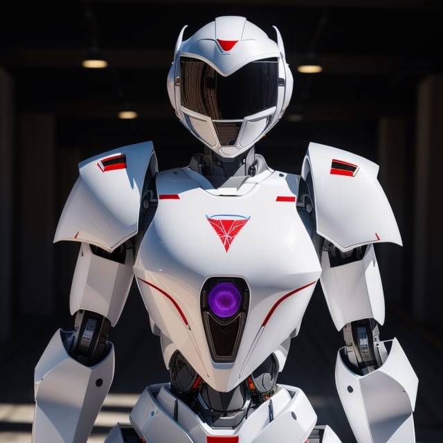 young Girl, racing decals, number and letters racing fonts decals on surface, Full Body shot, (perfect anatomy), (athletic body), (intricate geometric robotic white body armor, Deep Purple and Red accents), (looking at viewer), (medium shot photograph), photorealistic,mecha musume,mecha,Mecha