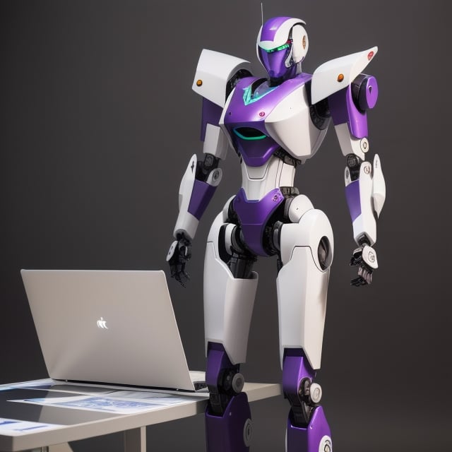 girl android, racing decals, number and letters racing fonts decals on surface, Full Body shot, (perfect anatomy), (athletic body), (intricate geometric robotic white body armor, Deep Purple and Red accents), (looking at viewer), (medium shot photograph), photorealistic,mecha musume,mecha,Mecha