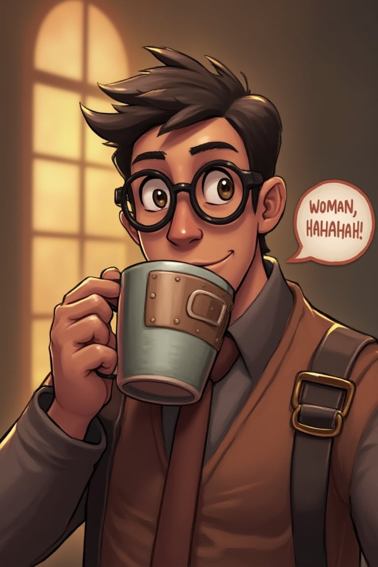 Team Fortress 2, a glasses man drinking coffee, bubble chat, add text "WOMAN, HAHAHAH"